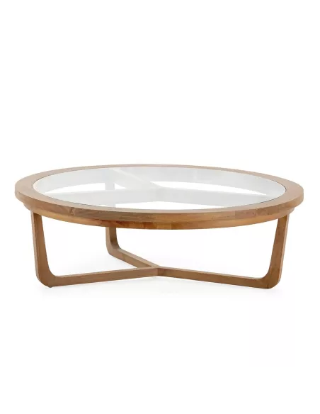 Table basse design ronde en verre et bois naturel Ø100 Thai Natura