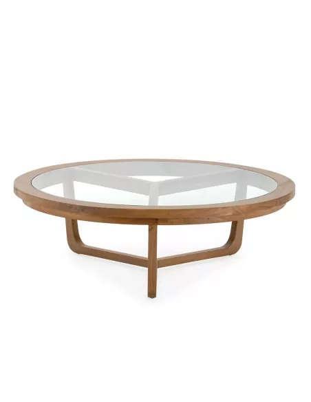Table basse design ronde en verre et bois naturel Ø100 Thai Natura