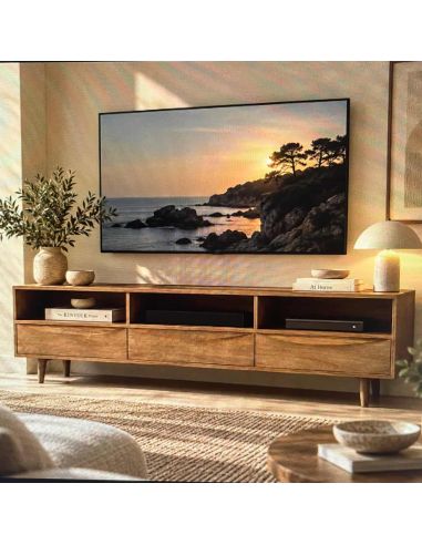 Meuble TV Barjac 3 tiroirs Athezza en bois naturel - 150 x 40 x H50 cm