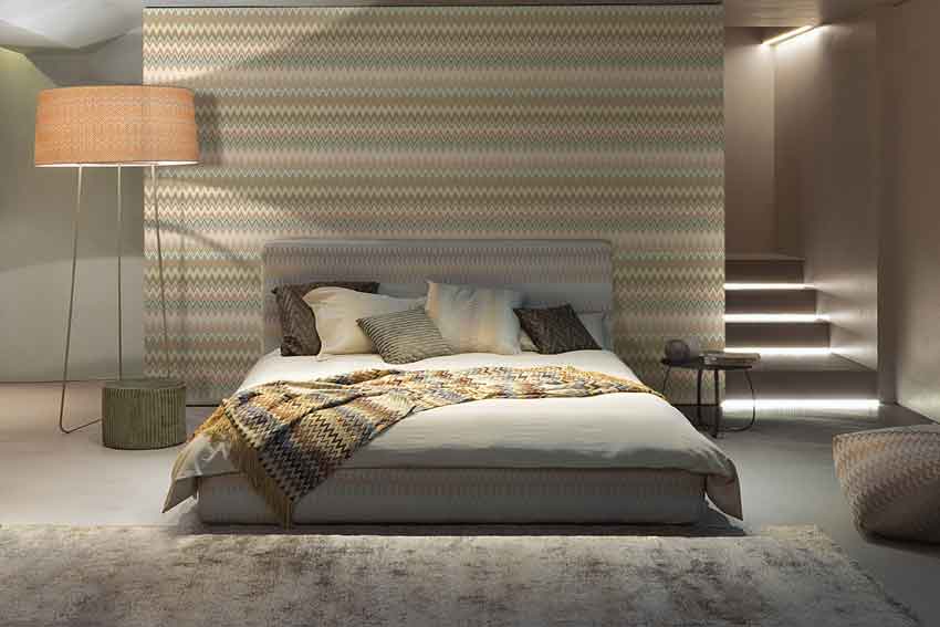 Chambre design décorée avec un papier peint tendance 2026 aux motifs contemporains