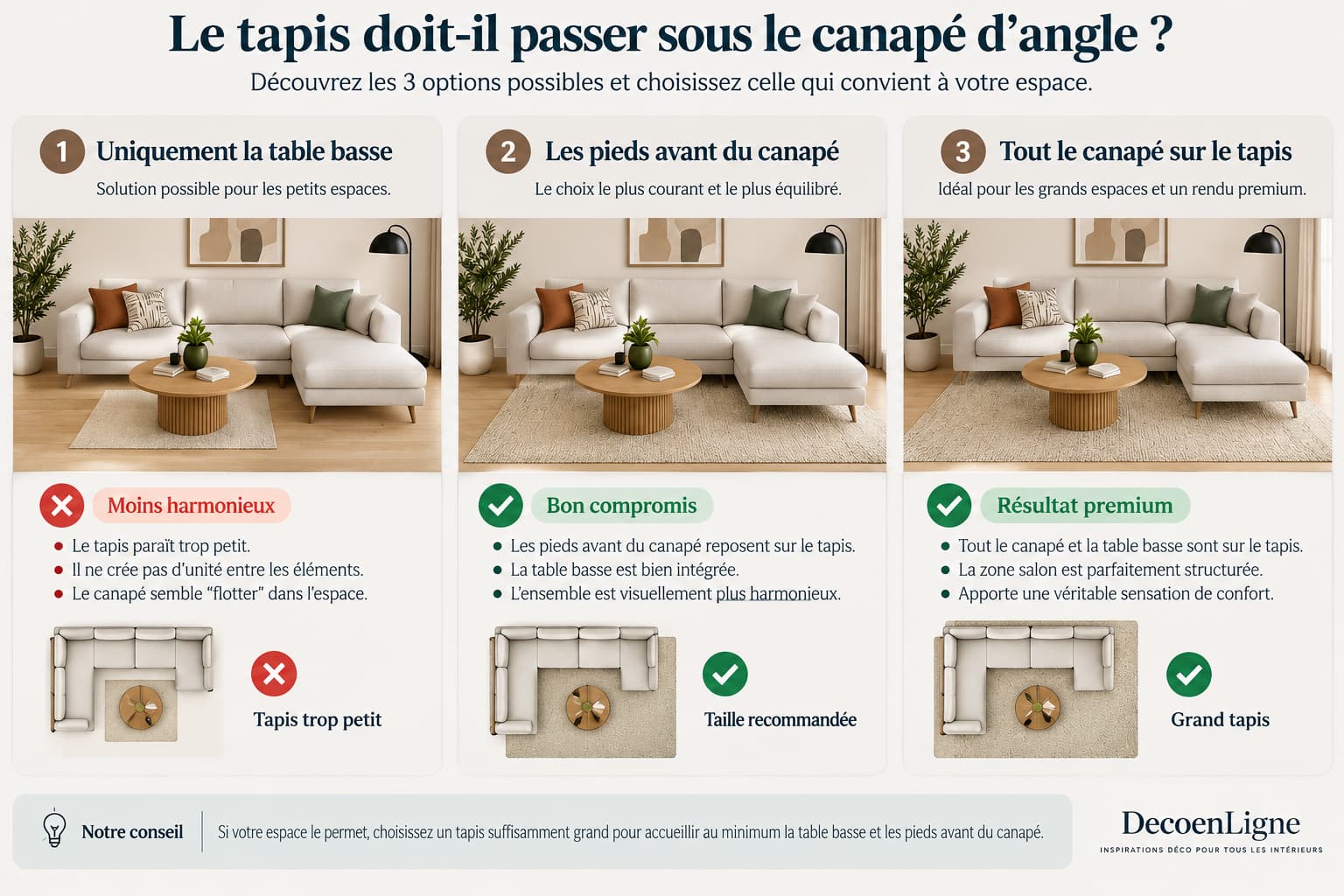 Infographie montrant comment positionner un tapis sous un canapé d'angle avec trois configurations : tapis trop petit, taille recommandée et grand tapis.