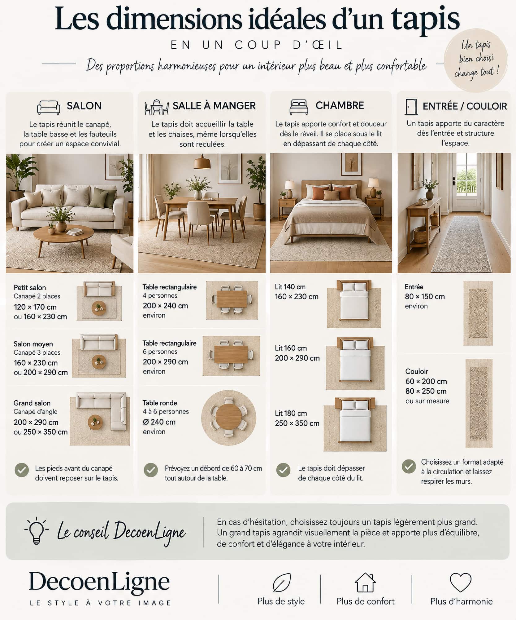 Infographie présentant les dimensions idéales d'un tapis pour le salon, la salle à manger, la chambre et l'entrée.