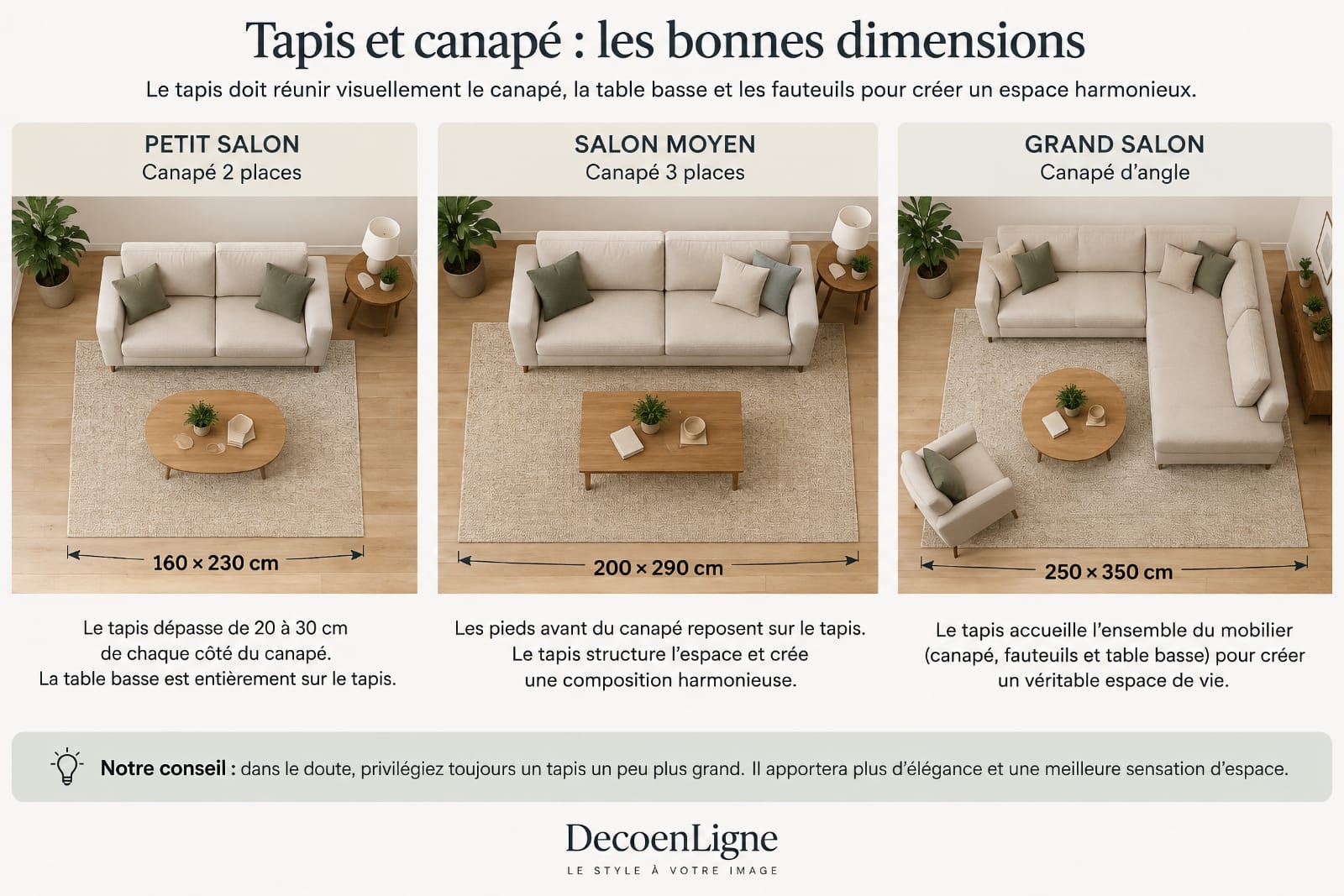 Schéma montrant la taille idéale d'un tapis sous un canapé selon les dimensions du salon