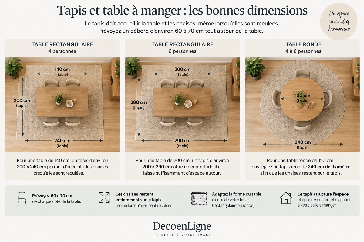 Schéma des dimensions idéales d'un tapis sous une table à manger rectangulaire ou ronde