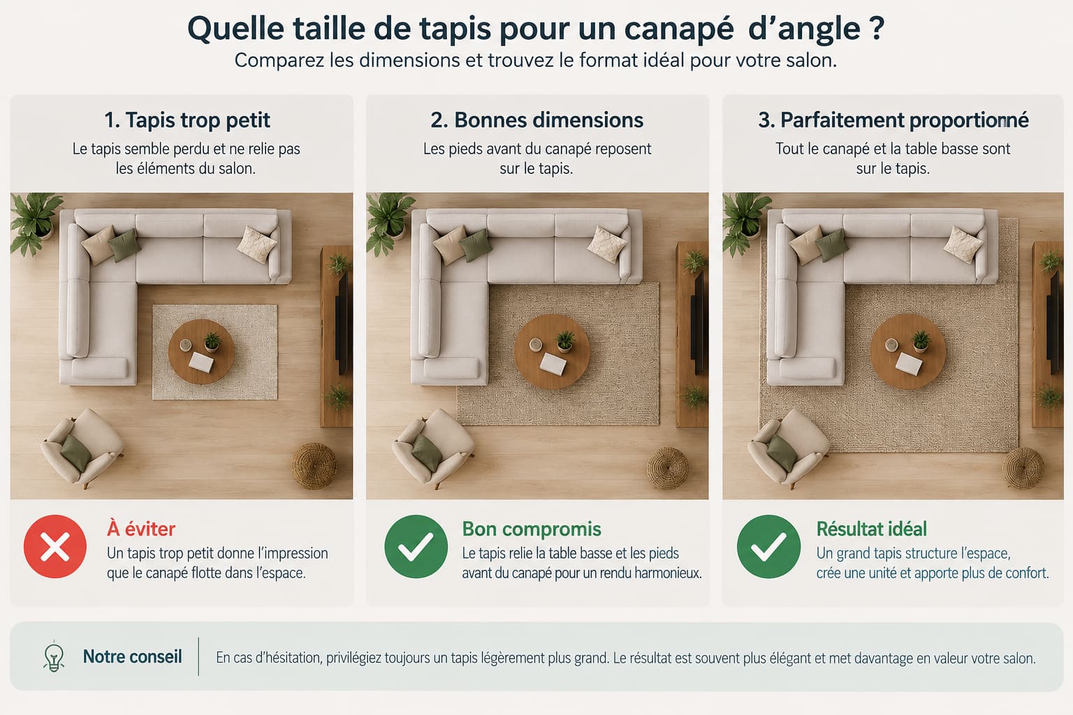 Schéma comparant les bonnes dimensions d'un tapis sous un canapé d'angle : tapis trop petit, taille recommandée et grand tapis.
