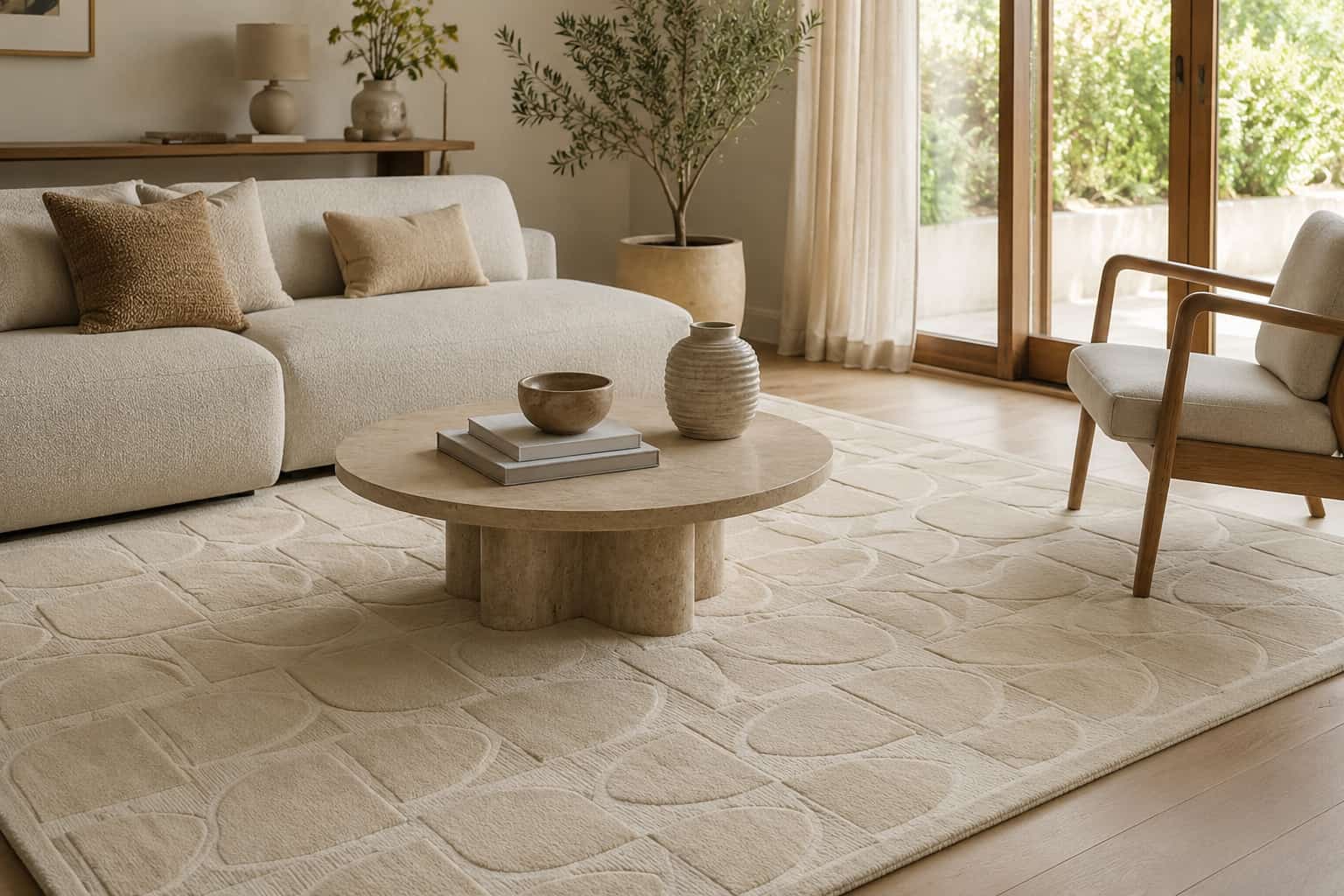 Tapis Idaho Editions dans un salon contemporain aux matières naturelles et à la décoration élégante