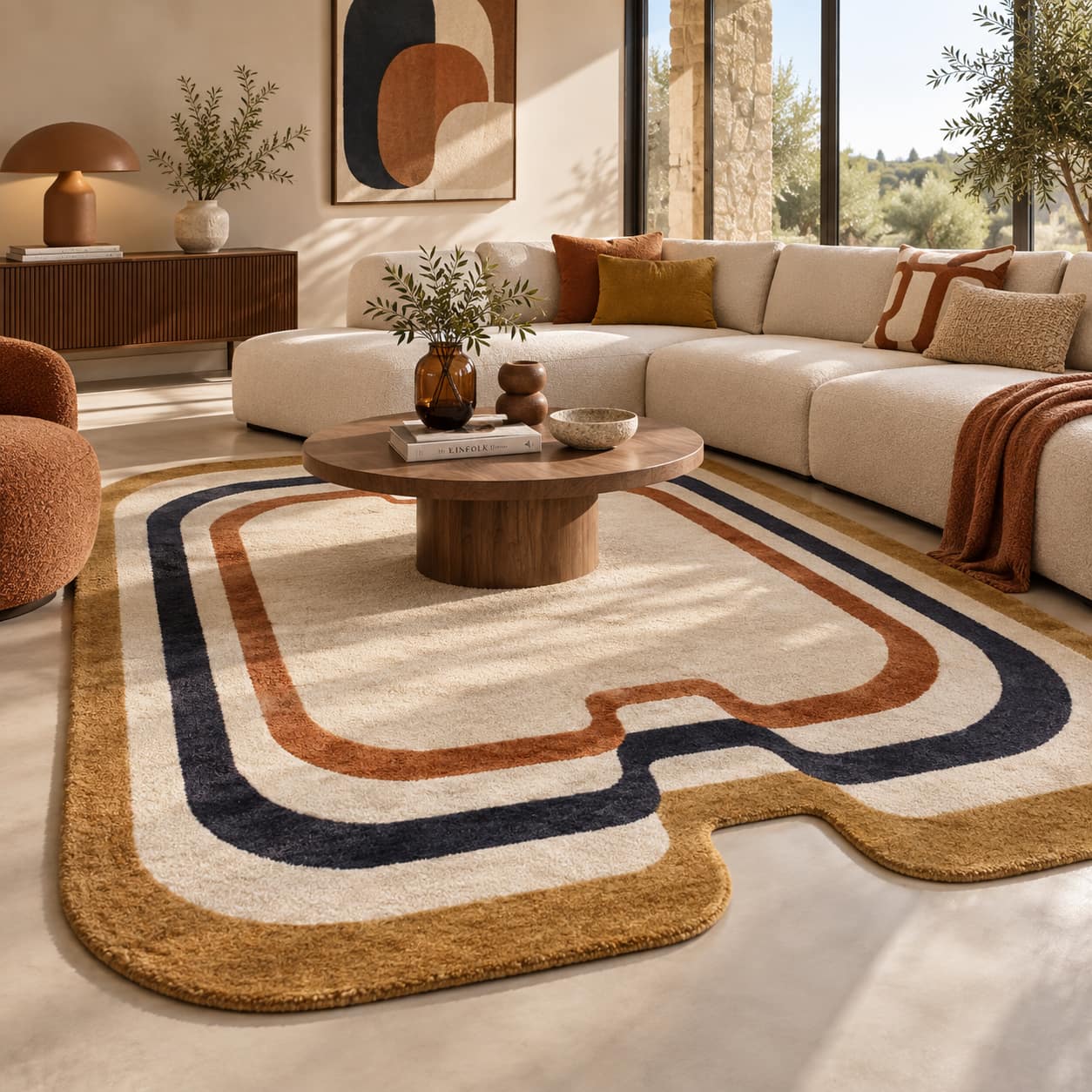 Salon contemporain avec le tapis Papillon Edito Paris aux formes organiques, dans une décoration chaleureuse aux tons naturels.