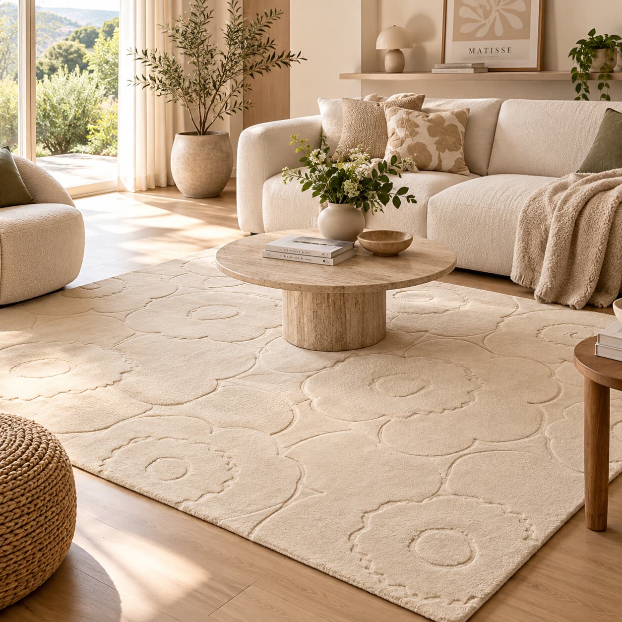 Salon scandinave lumineux avec tapis Piirto Unikko Marimekko écru à motif floral en relief