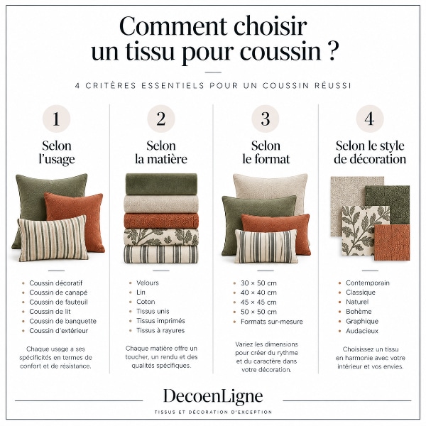 Infographie expliquant comment choisir un tissu pour coussin selon l'usage, la matière, le format et le style de décoration pour créer des coussins harmonieux et durables.