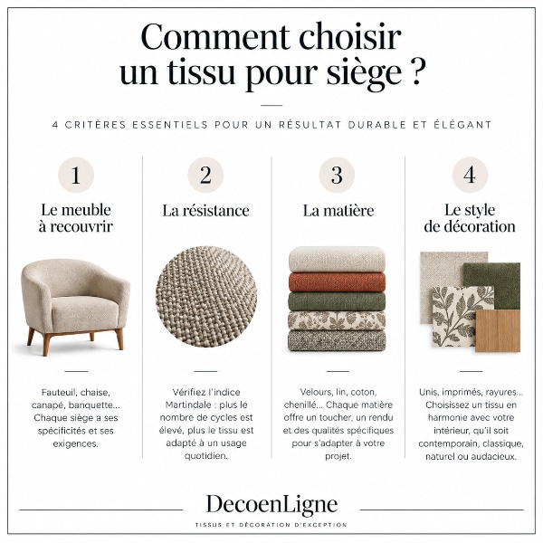 Infographie expliquant comment choisir un tissu pour siège selon le meuble à recouvrir, la résistance (indice Martindale), la matière et le style de décoration.