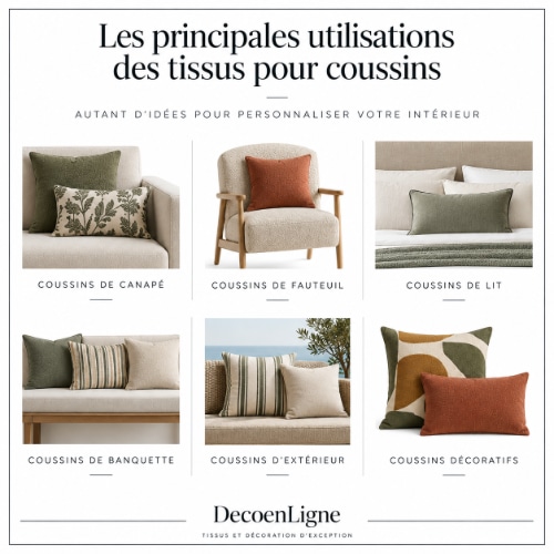 Infographie présentant les principales utilisations des tissus pour coussins : coussins de canapé, de fauteuil, de lit, de banquette, d'extérieur et coussins décoratifs.