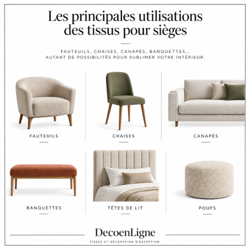 Infographie présentant les principales utilisations des tissus pour sièges : fauteuils, chaises, canapés, banquettes, têtes de lit et poufs.