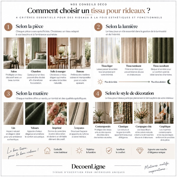 Principales utilisations des tissus pour rideaux : salon, chambre, salle à manger et grandes baies vitrées