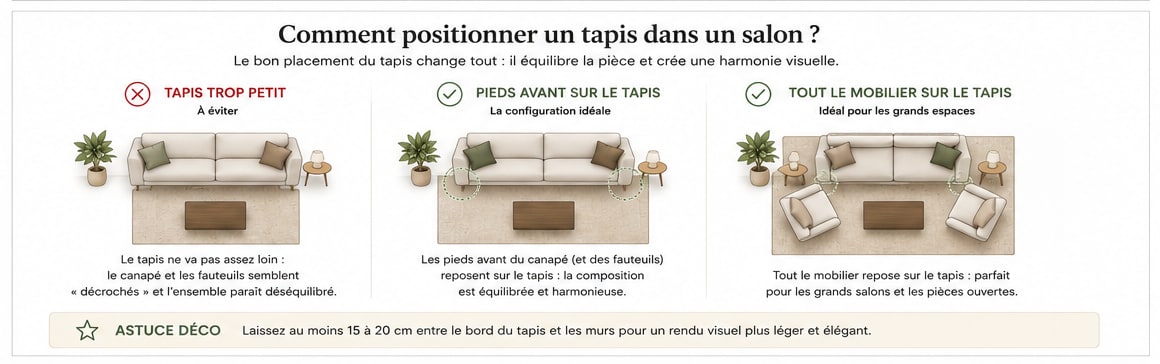 Schéma illustrant comment bien positionner un tapis dans un salon selon la taille du tapis et du mobilier : trop petit, configuration idéale et grand tapis avec tout le mobilier dessus.