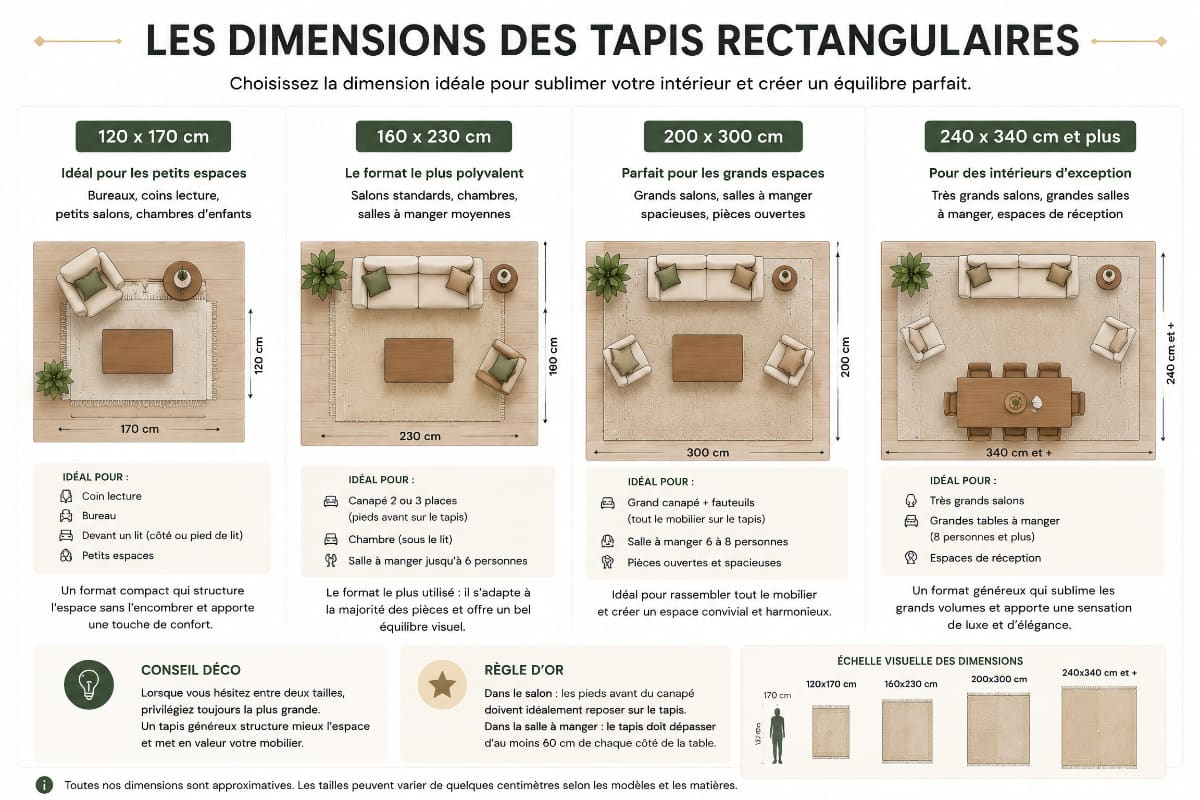 Schéma comparatif des principales dimensions de tapis rectangulaires (120 × 170, 160 × 230, 200 × 300 et 240 × 340 cm) selon la taille de la pièce et du mobilier.
