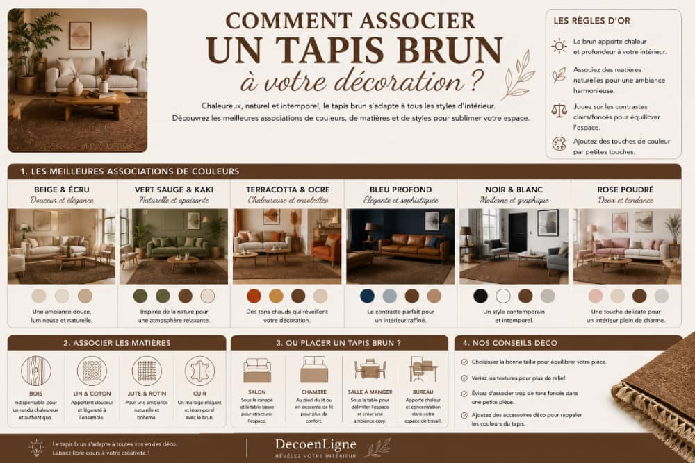 Infographie expliquant comment associer un tapis brun à votre décoration intérieure, avec des conseils sur les harmonies de couleurs, les matières naturelles, les styles de décoration et les meilleures pièces de la maison.