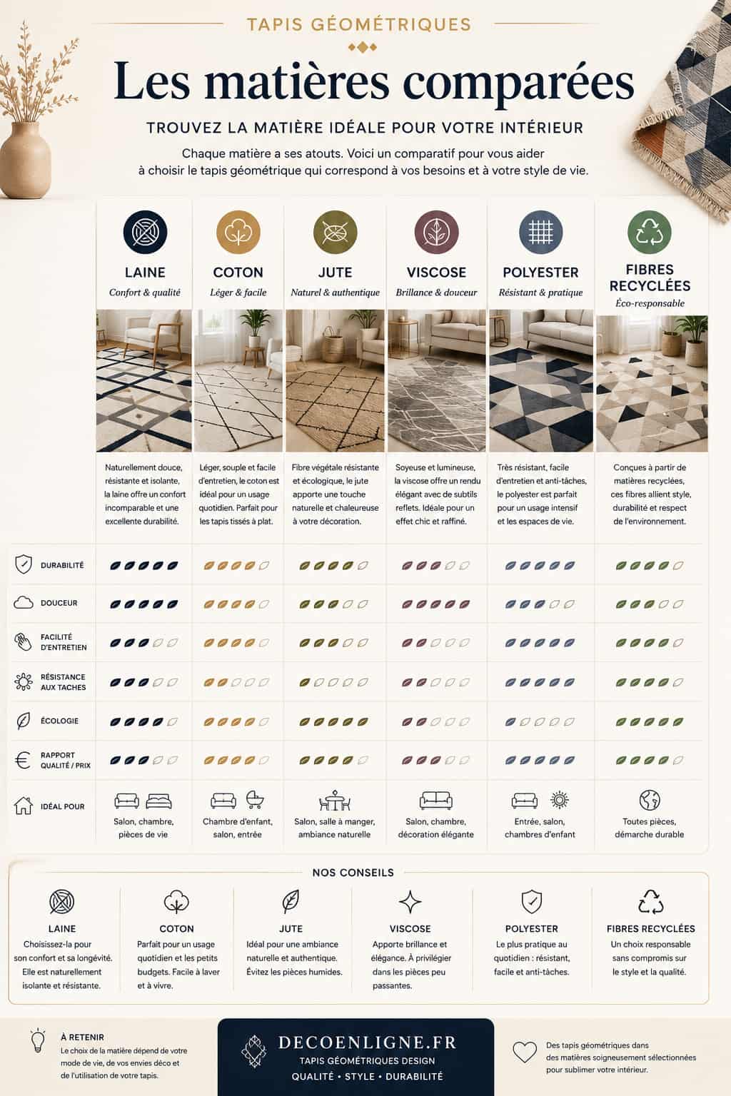 Infographie comparant les principales matières des tapis géométriques : laine, coton, jute, viscose, polyester et fibres recyclées, avec leurs avantages, leur durabilité et leurs usages recommandés.
