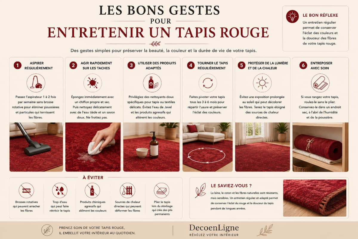 Infographie présentant les bons gestes pour entretenir un tapis rouge : aspiration régulière, nettoyage immédiat des taches, utilisation de produits adaptés, rotation du tapis, protection contre la lumière et stockage dans un endroit sec.