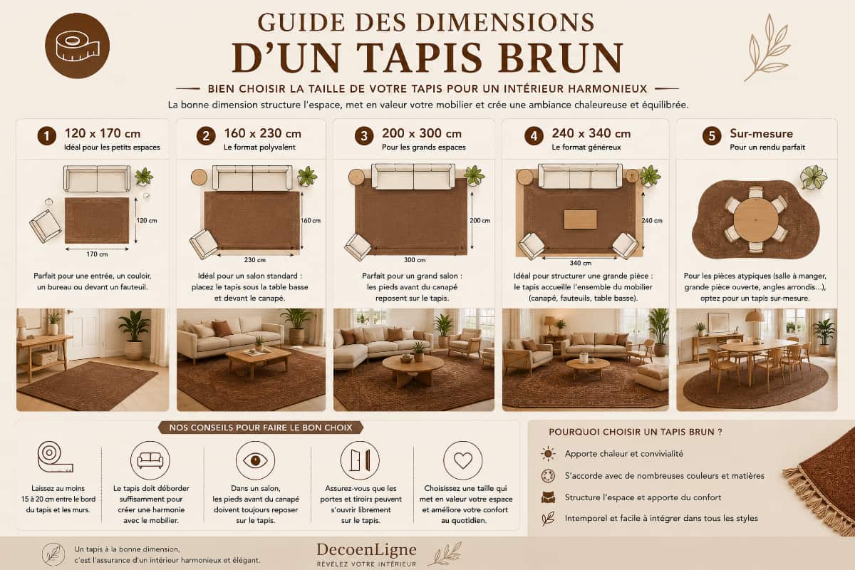 Infographie présentant les dimensions recommandées d'un tapis brun selon la pièce : entrée, salon, grand salon, salle à manger et espaces sur mesure, avec les formats 120 × 170 cm, 160 × 230 cm, 200 × 300 cm et 240 × 340 cm.