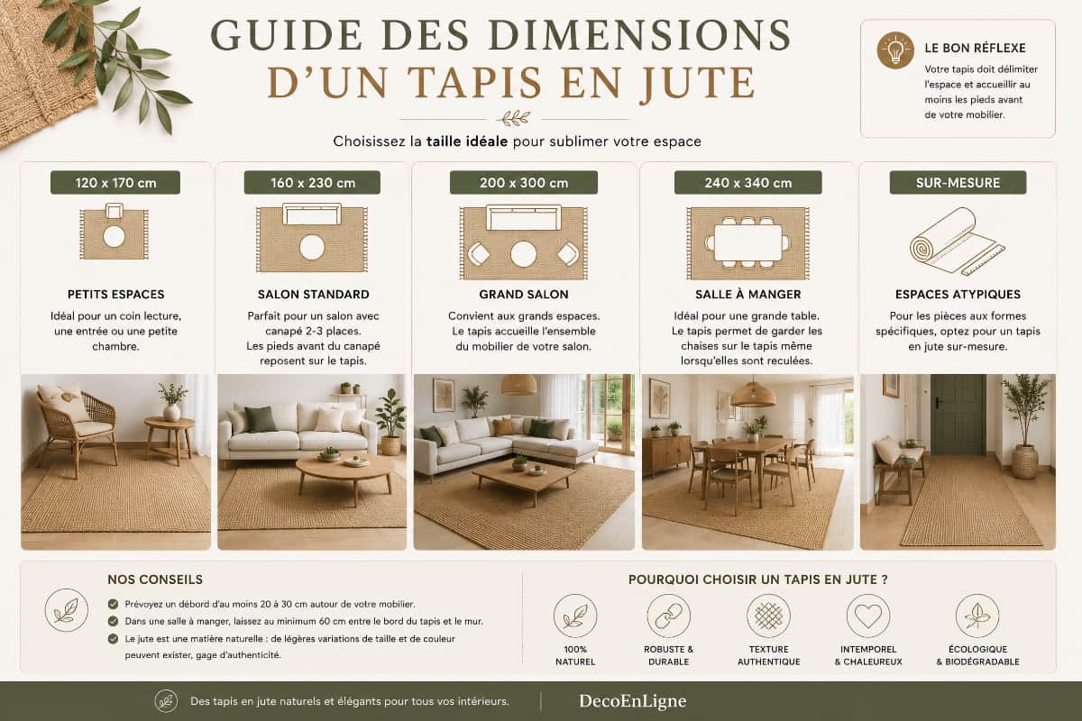 Découvrez les dimensions idéales d’un tapis en jute pour aménager harmonieusement votre salon, votre salle à manger, votre chambre ou votre entrée. Cette infographie vous aide à choisir le format le plus adapté à votre espace et à votre mobilier.