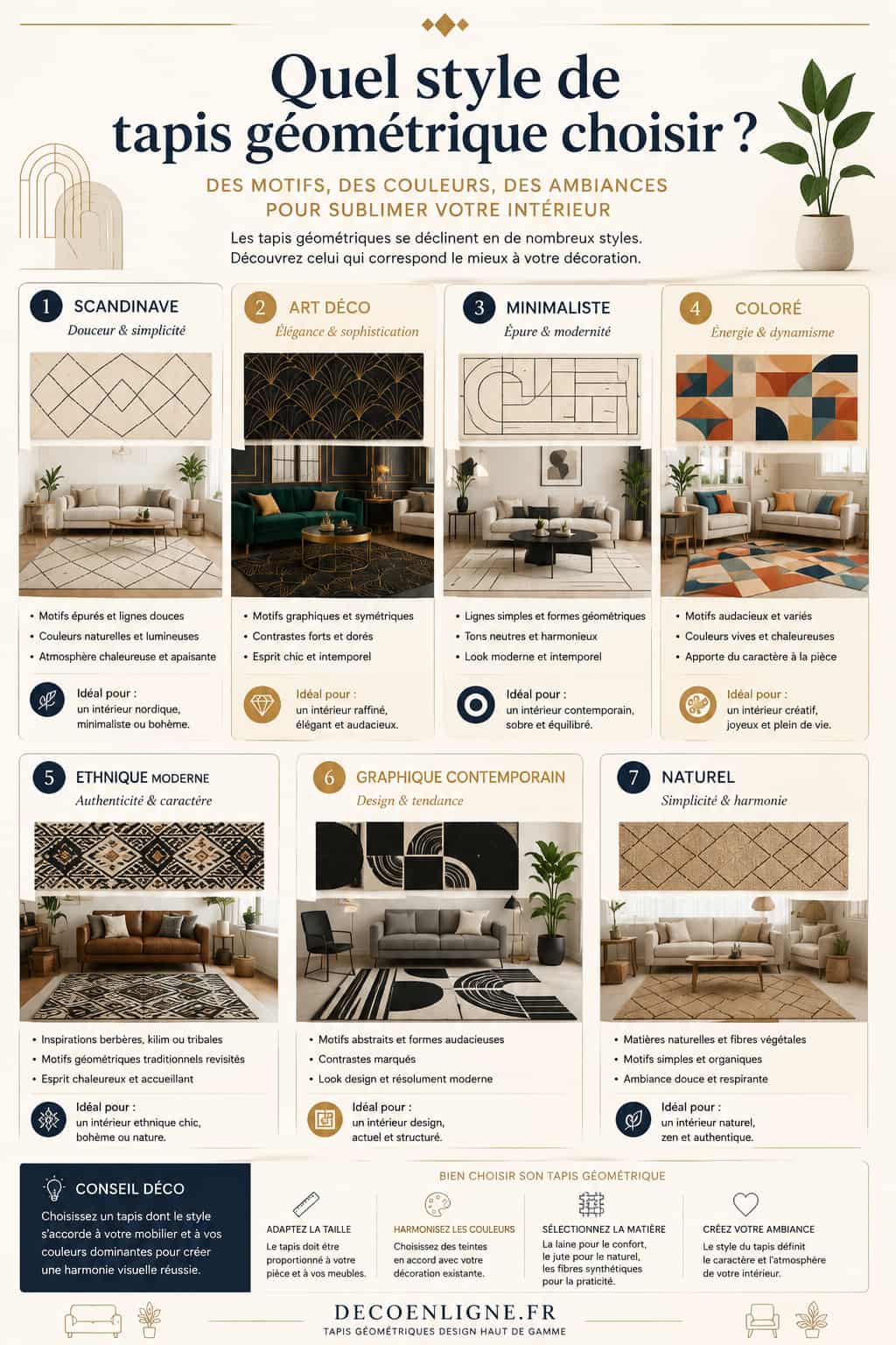 Infographie présentant les différents styles de tapis géométriques design : scandinave, Art déco, minimaliste, coloré, ethnique moderne, graphique contemporain et naturel.
