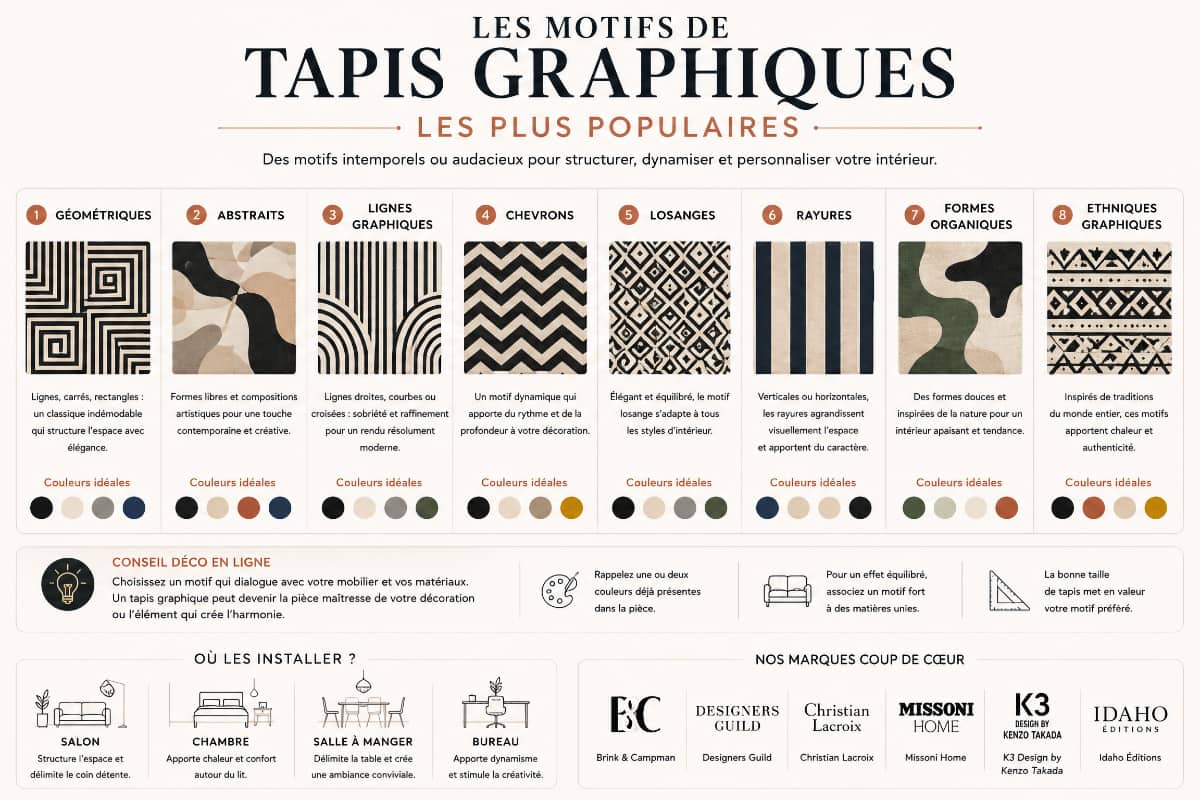 Infographie présentant les motifs de tapis graphiques les plus populaires : géométriques, abstraits, lignes graphiques, chevrons, losanges, rayures, formes organiques et motifs ethniques.