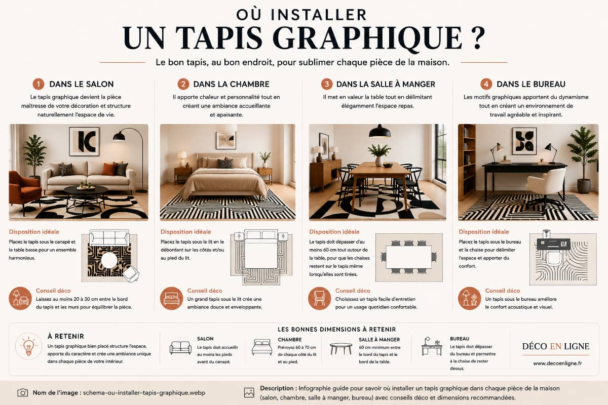 Infographie expliquant où installer un tapis graphique dans un salon, une chambre, une salle à manger ou un bureau pour structurer harmonieusement chaque espace.