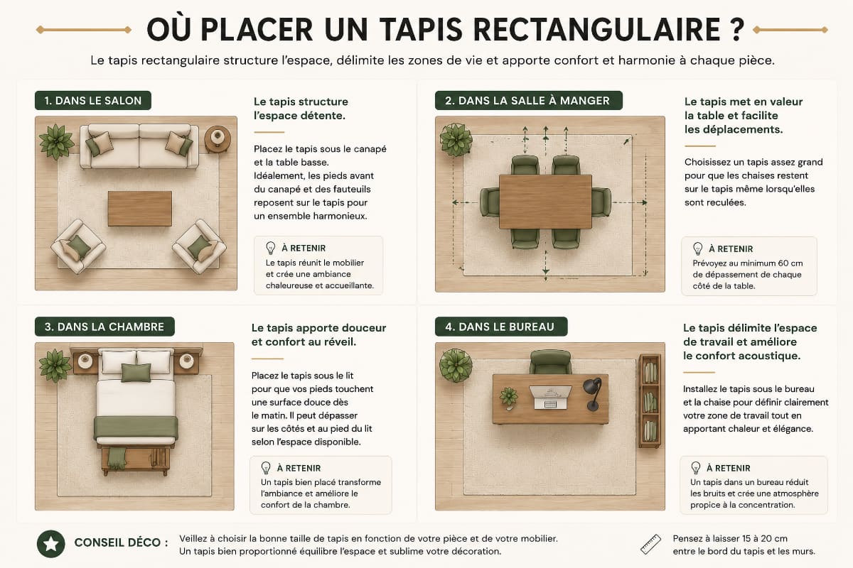 Schéma illustrant où placer un tapis rectangulaire dans un salon, une salle à manger, une chambre ou un bureau pour créer un intérieur harmonieux.