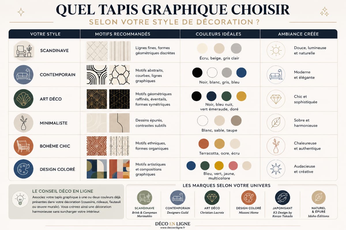 Infographie expliquant quel tapis graphique choisir selon son style de décoration intérieure : scandinave, contemporain, art déco, minimaliste, bohème ou design coloré.