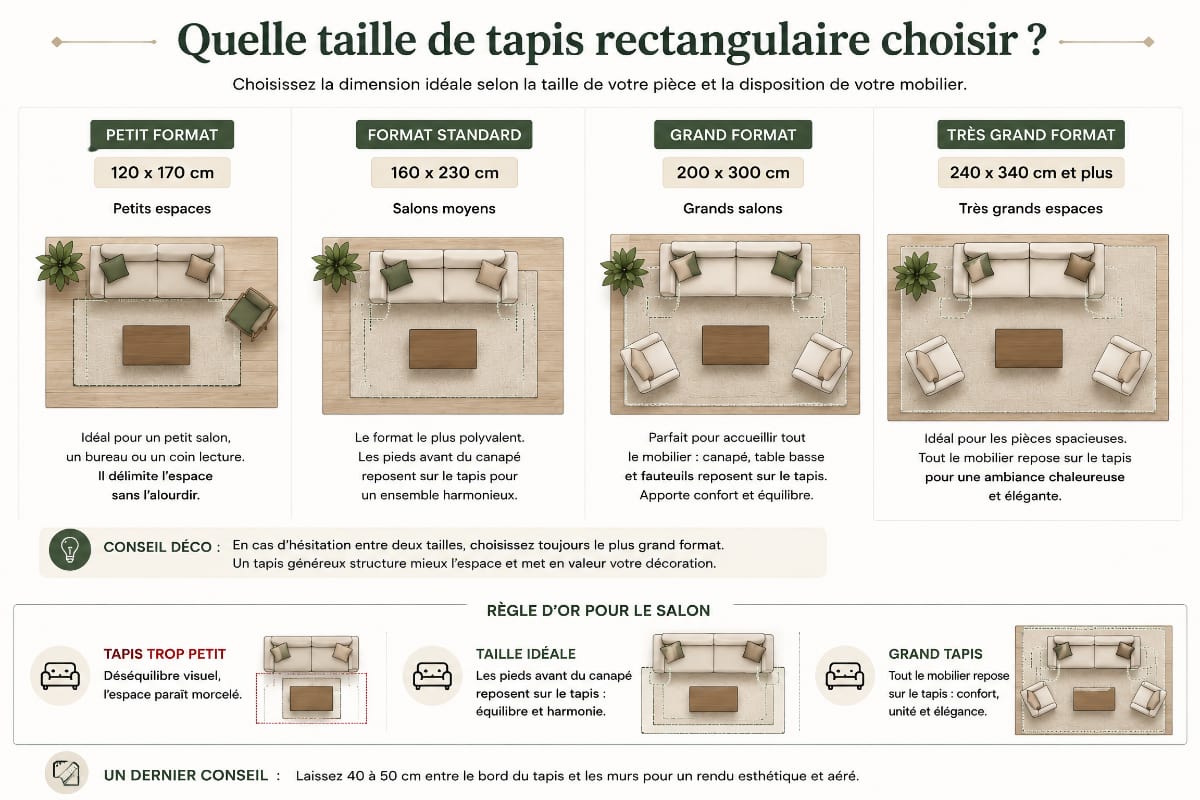 Schéma illustrant les dimensions idéales d’un tapis rectangulaire selon la taille de la pièce et la disposition du mobilier.