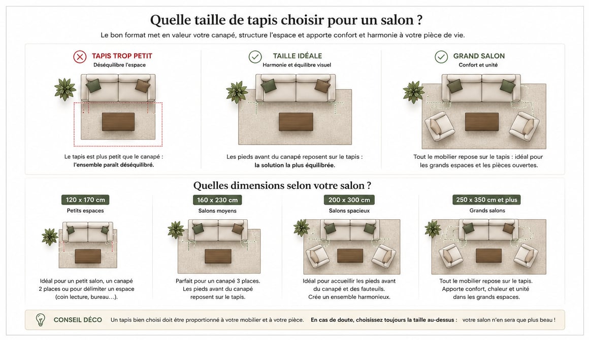 Schéma expliquant quelle taille de tapis choisir pour un salon selon les dimensions du canapé et de la pièce.